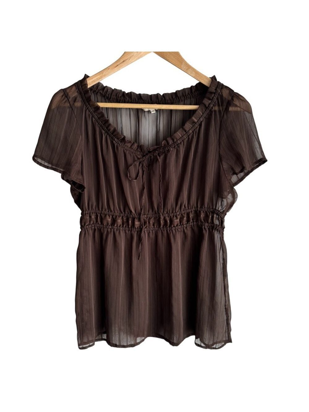 Vintage Y2K Fairycore Sheer Brown Babydoll Top M Peasant Romantic Boho Fairy